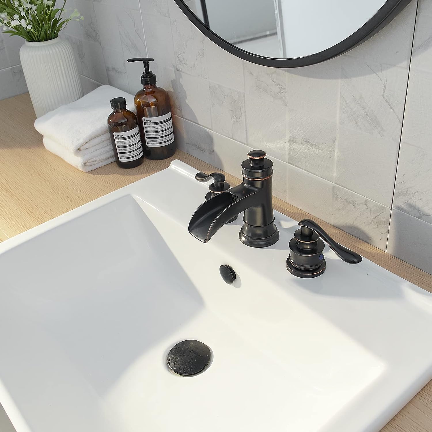 Bathroom Faucet 3 Hole Oil Rubbed Bronze for Sink Waterfall Widespread 8 Inch 2 Handle Farmhouse with Pop Up Drain with Overflow Vanity Basin Lavatory Commercial & Parts