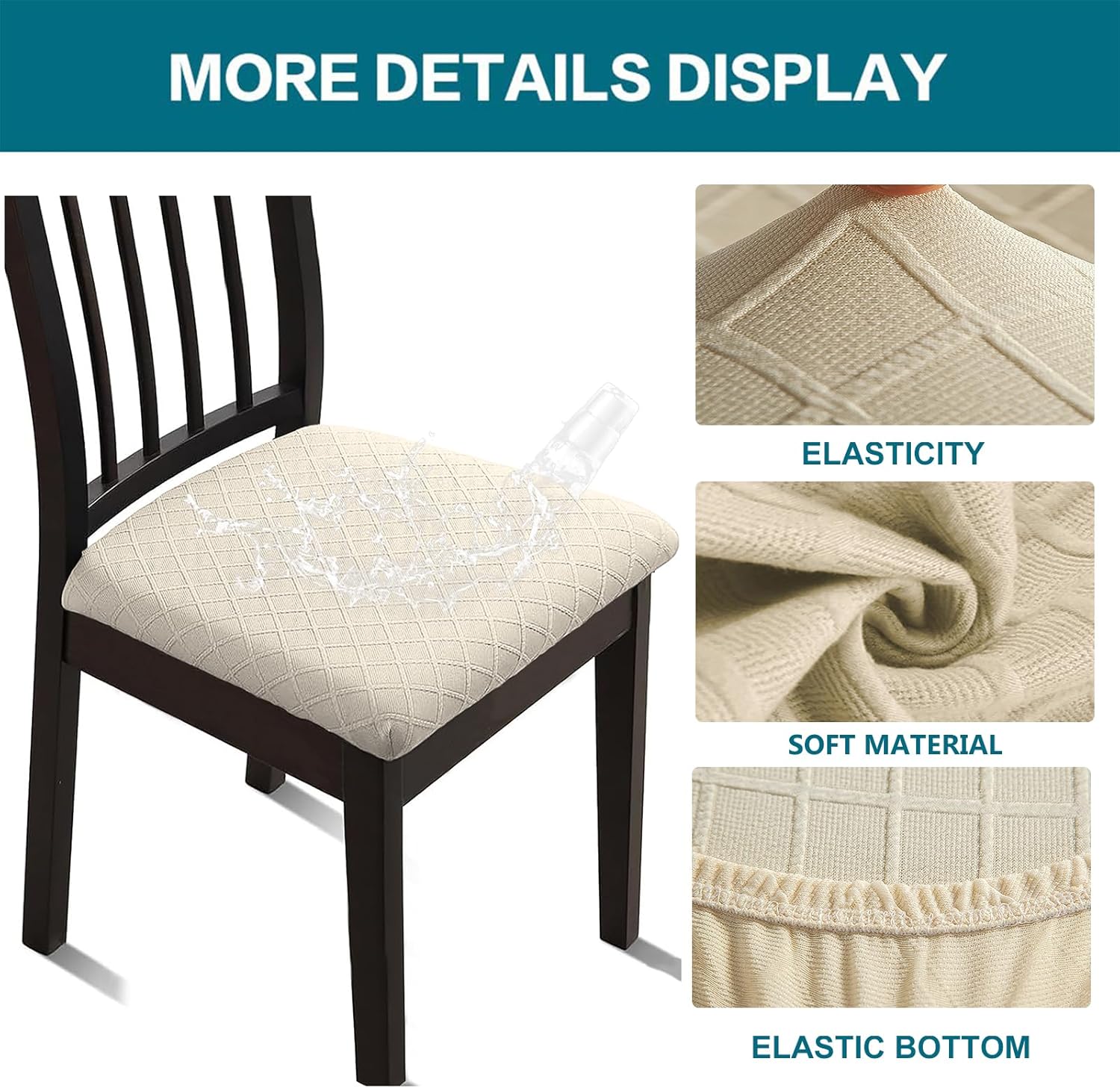 KRFOONN Waterproof Seat Covers for Dining Room Chairs Set of 4 with Dining Bench Cover Jacquard Washable Chair Covers Removable Kitchen Chair Cushion Slipcovers Protector for Dining Room, Beige