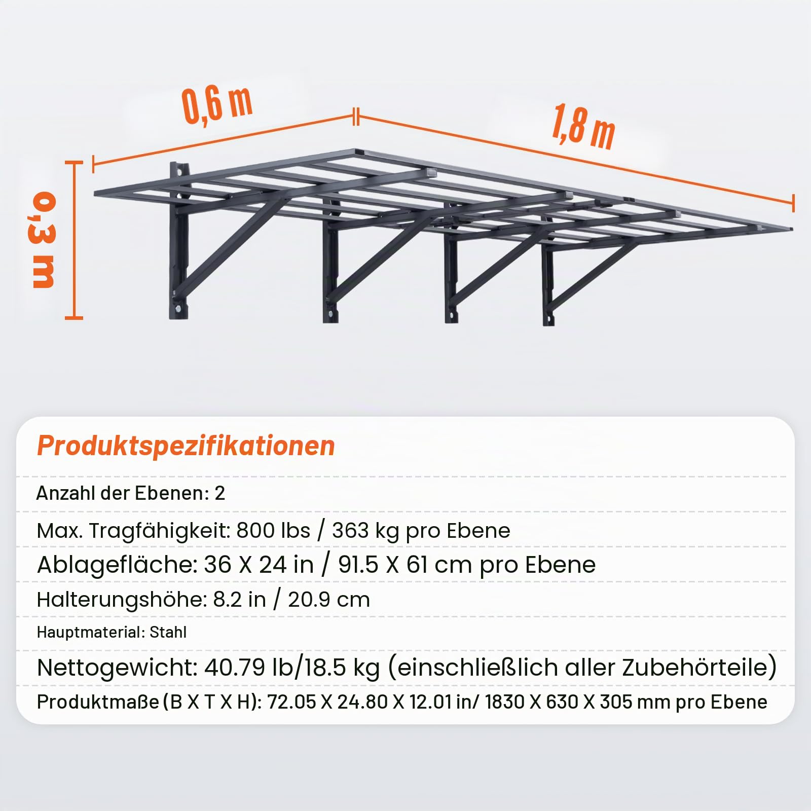 VEVOR 2er-Set Garagenregal 1830 x 630 x 305 mm Werkzeugaufbewahrung 363 kg pro Schicht Werkzeughalter Wand 183 x 61 cm Regalfläche Aufbewahrungsregale Metallregal Werkzeug Organizer Wandregale