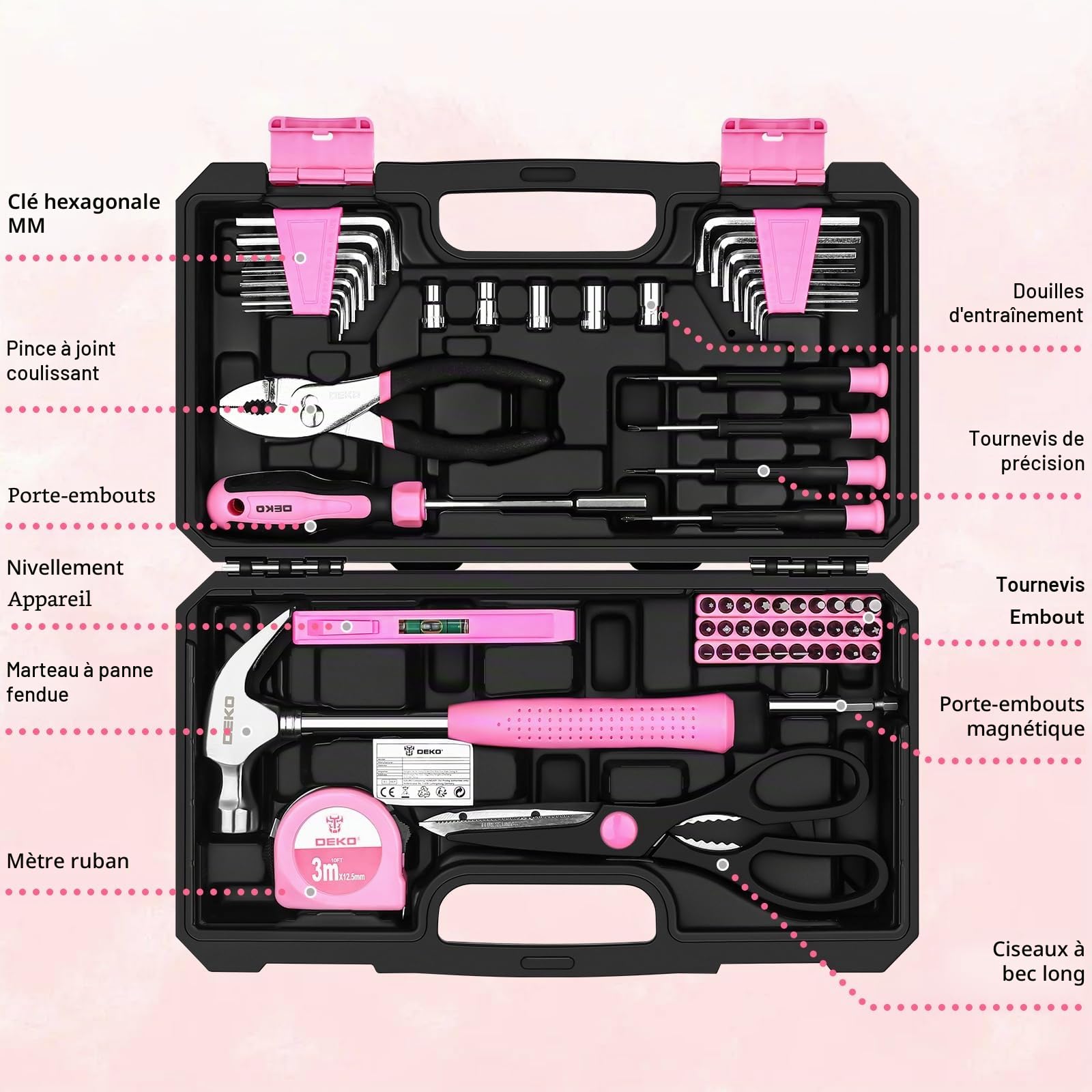 DEKO Boîte à outils complète rose 62 pièces, mallette, boîte à outils bricolage, cadeaux pour femme, maison, bureau et voiture, pour entretien quotidien