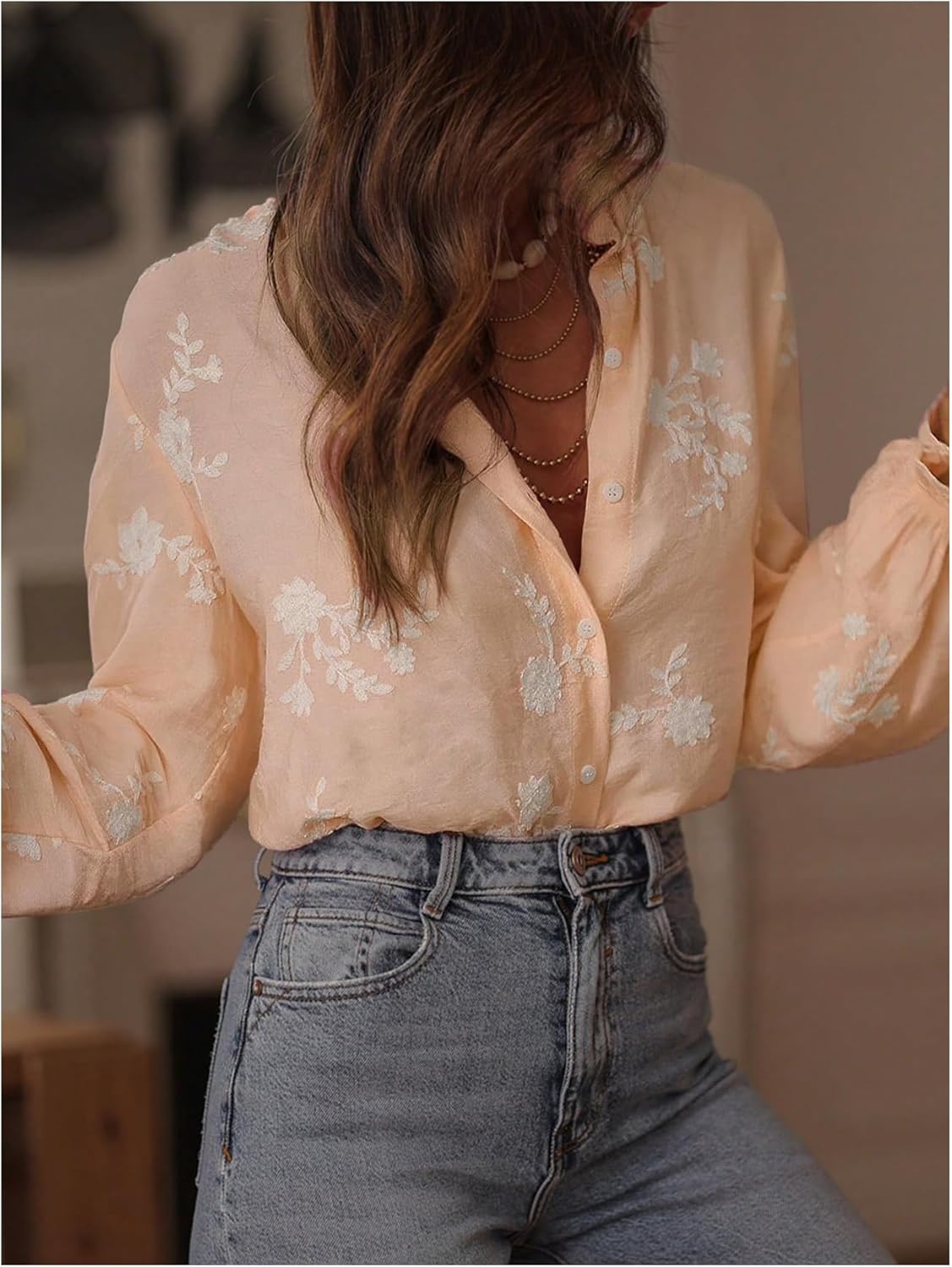 SweatyRocks Women's Floral Blouses Dressy Casual Button Down Shirts Bishop Sleeve Boho Fall Tops
