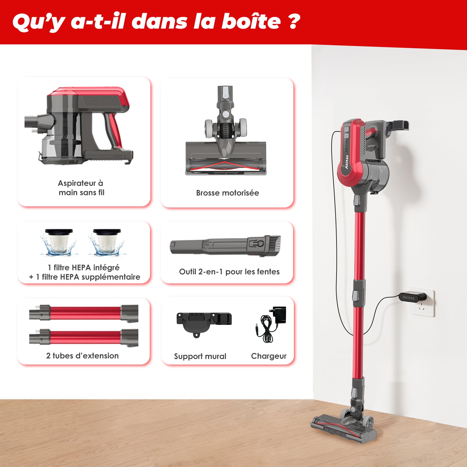 Akitas V10A Aspirateur sans Fil 450W avec Brosse Anti-Enchevêtrement pour Cheveux et Tapis Moteur Numérique BLDC 3 Vitesses 50 Min d’Autonomi Balai Vertical et à Main avec Batterie au Lithium