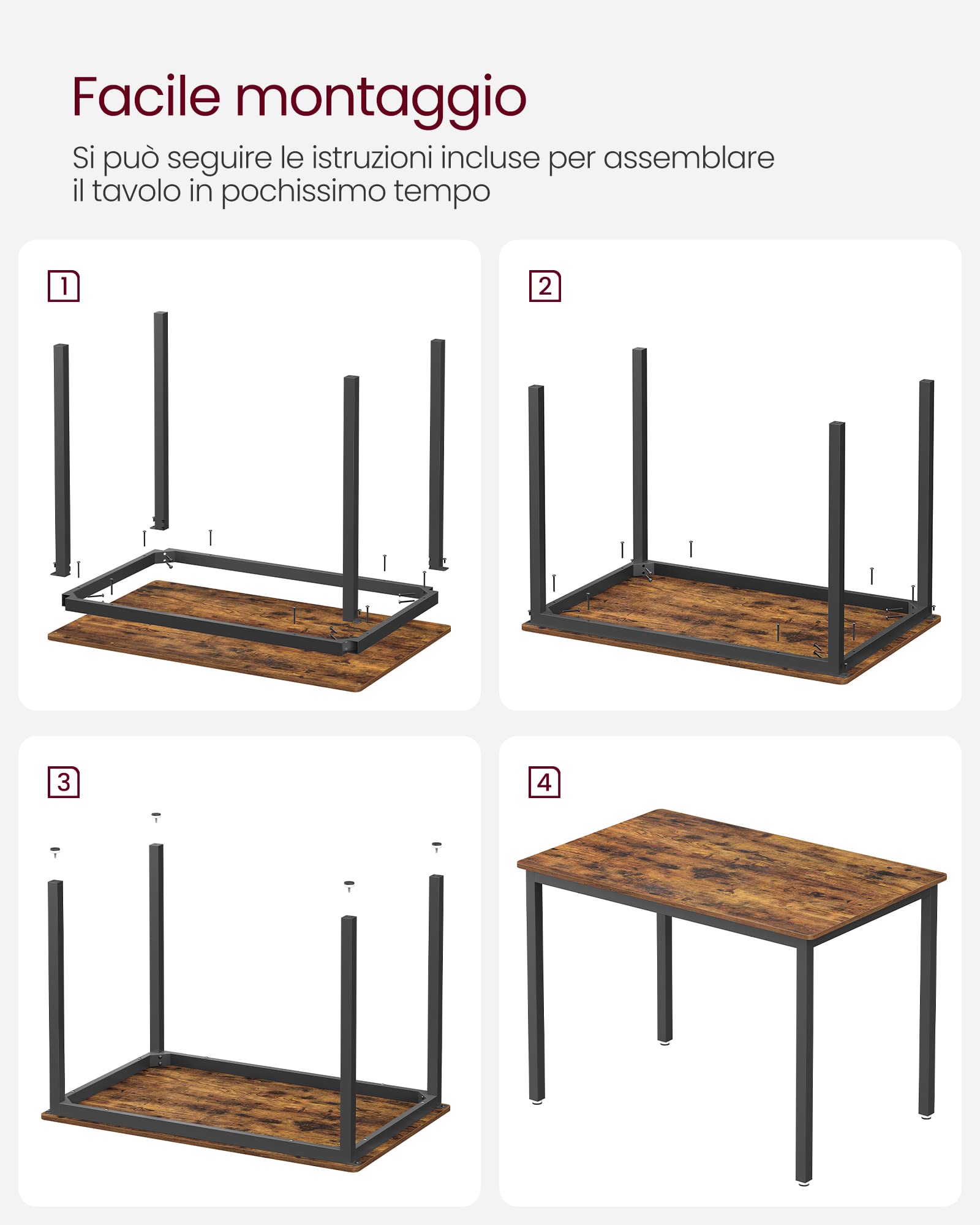 VASAGLE Tavolo da Pranzo, Tavolo da Cucina, 70 x 110 x 77 cm, per 4 Persone, Scrivania, Design Industriale, Marrone Vintage e Nero Opaco KDT081B01