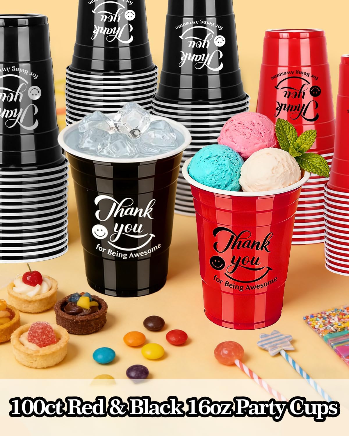 100ct Red & Black 16oz Disposable Plastic Party Cups, Ultra Sturdy Leak-Resistant, Anti-Slip Grip, Food-Safe Hot/Cold Drinks, Fun Printed for Parties, Birthdays, Tailgates, Holidays & Easy Cleanup