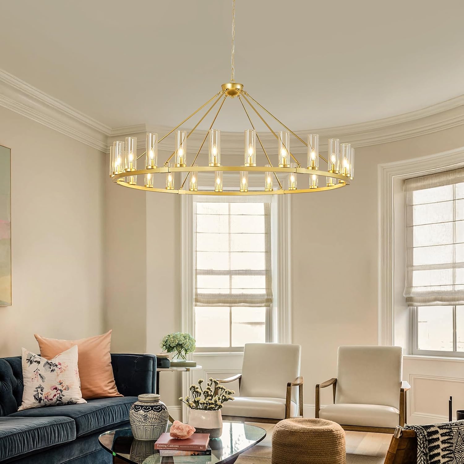 24 Light Large Wagon Wheel Chandelier with Clear Glass Shade Gold Round Pendant Light Farmhouse Industrial Chandeliers Dining Room Light Fixture for Stair Living Room Foyer Kitchen