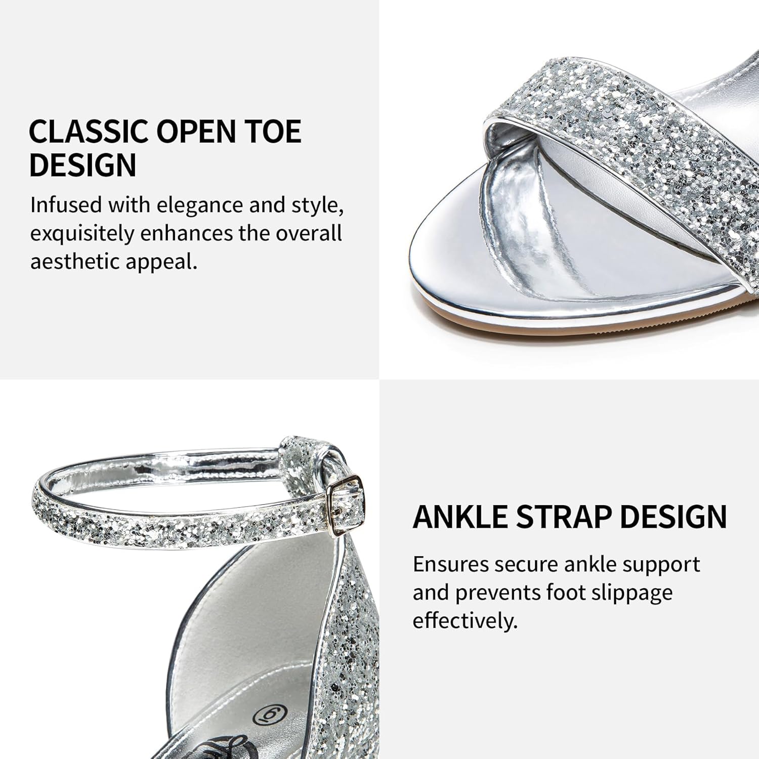 Trary Silver Sparkly Sandal for Women, Comfortable Block Heels, Ankle Strap, Open Toe, Wedding Shoes, Size 8 - Image 4