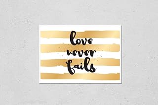 Poster Reproduction of Love never fails romantic inspirational inscription. Greeting card with calligraphy. Hand drawn lettering design. Photo overlay. Typography for banner, poster or apparel
