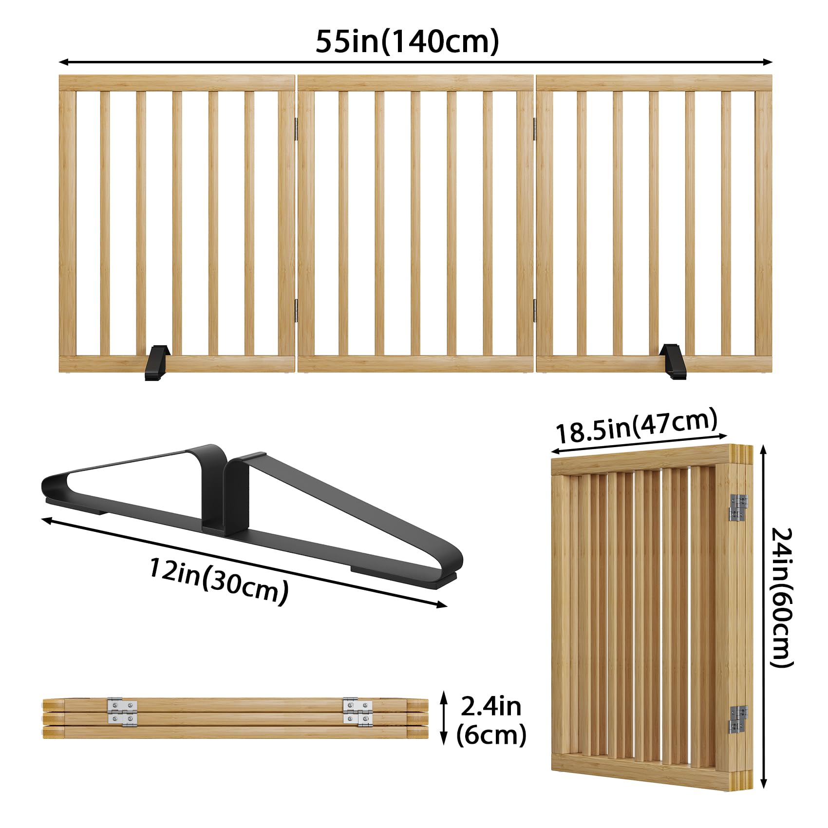 Cancello per cani in legno, altezza 60 cm, autoportante, pieghevole, per interni, cancello per cuccioli, con 2 piedini per apertura (naturale, 3 pannelli)