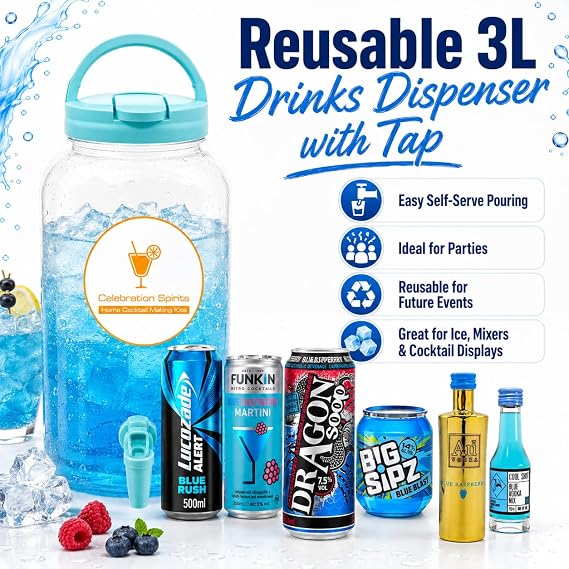 Celebration Spirits ChugJug XL Blue Raspberry Flavour | Home Cocktail Making Kit | 3L Drinks Dispenser with Tap