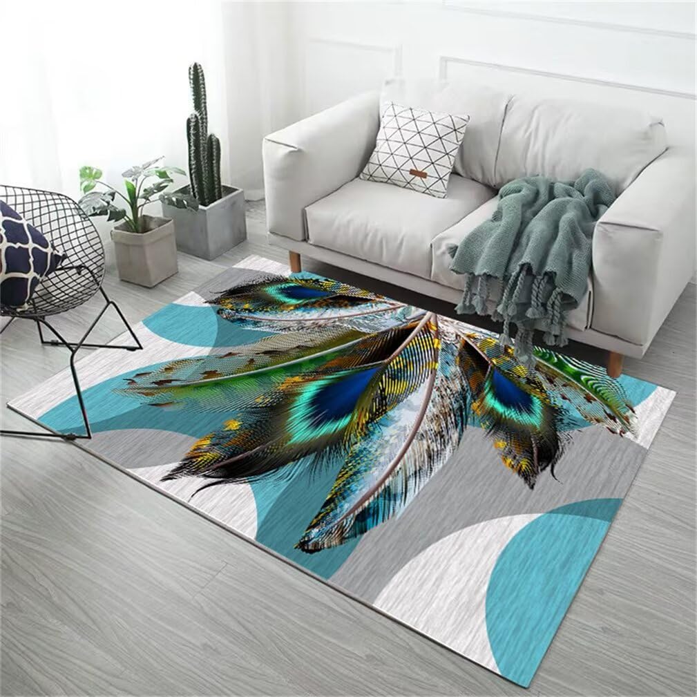 Tapis court en velours anti-salissure bleu et gris pour salon moderne