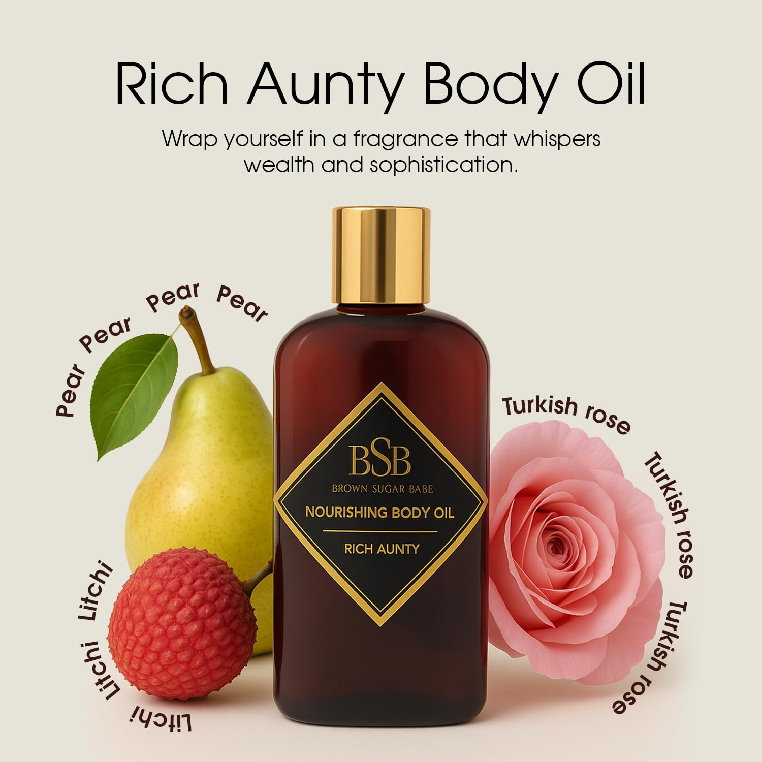 Brown Sugar Babe Rich Aunty Body Oil, Nourishing Skin Care with Almond, Avocado, Olive, Grape Seed and Turkish Rose Oils, Lightweight Body Oil for Women, Paraben Free, Made in USA
