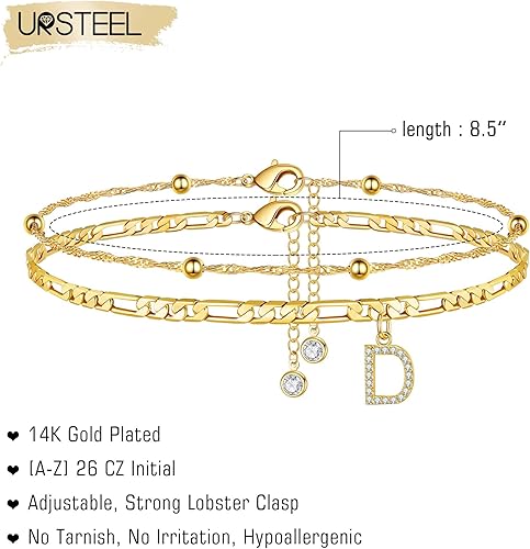 Miniatura 7 de Ursteel - Tobilleras para mujer, chapadas en oro de 14 quilates, delicadas capas de cadena con inicial de circonia cúbica, joyería de verano