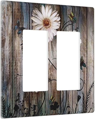 Miniatura 62 de Cubierta de interruptor de luz basculante de palanca de 2 bandas con textura de tablón rústico, diseño floral de mariposa y margarita