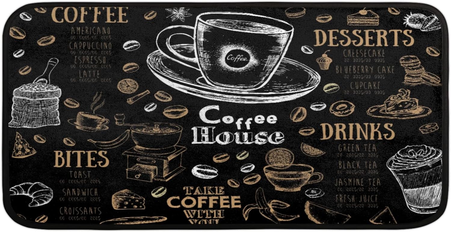 Kitchen Rug Black Coffee Art Non-Slip Washable Mats Anti Fatigue Soft Absorbent Carpet Welcome Mat for Kitchen,Indoor,Entryway, Sink,Laundry Home Decor