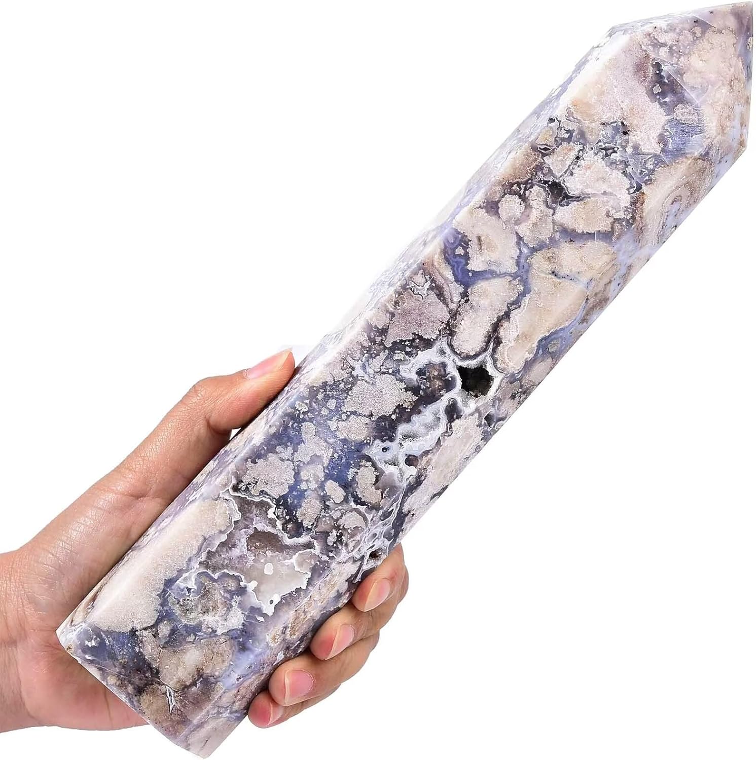 Large Blue Flower Agate Stone Wand Healing Crystal Obelisk Tower 6 Faceted Column Reiki Chakra Meditation Therapy 3.5-4.0 LBS