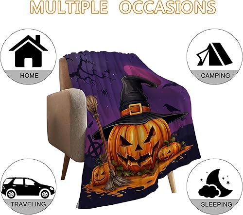 Miniatura 4 de YeeJu Manta de Halloween tamaño individual, manta de bruja morada con calabaza para sofá, cama, sala de estar, al aire libre, acogedora, suave,