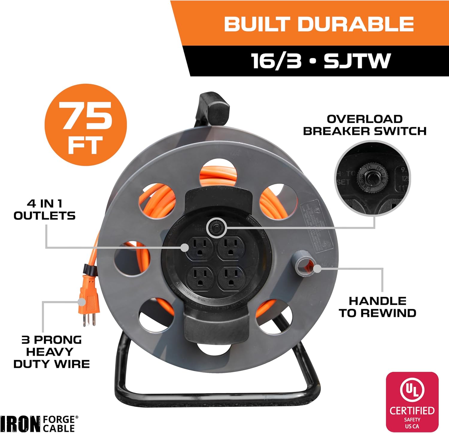 IRON FORGE CABLE 75 Ft Extension Cord Reel with 4 Electrical Power Outlets & Breaker Switch - 16/3 SJTW Heavy Duty Orange Cable with 3 Prong Grounded Plug, Portable Cord Reel