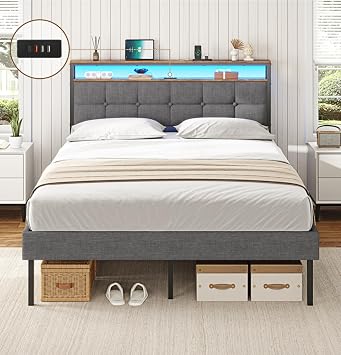 AOGLLATI King Size Bed Frame 150x200 with Storage Upholstered Bed Frame with LED Lights & Charging Station Upholstered Storage Headboard/Under Bed Storage/Noise Free King-150x200cm