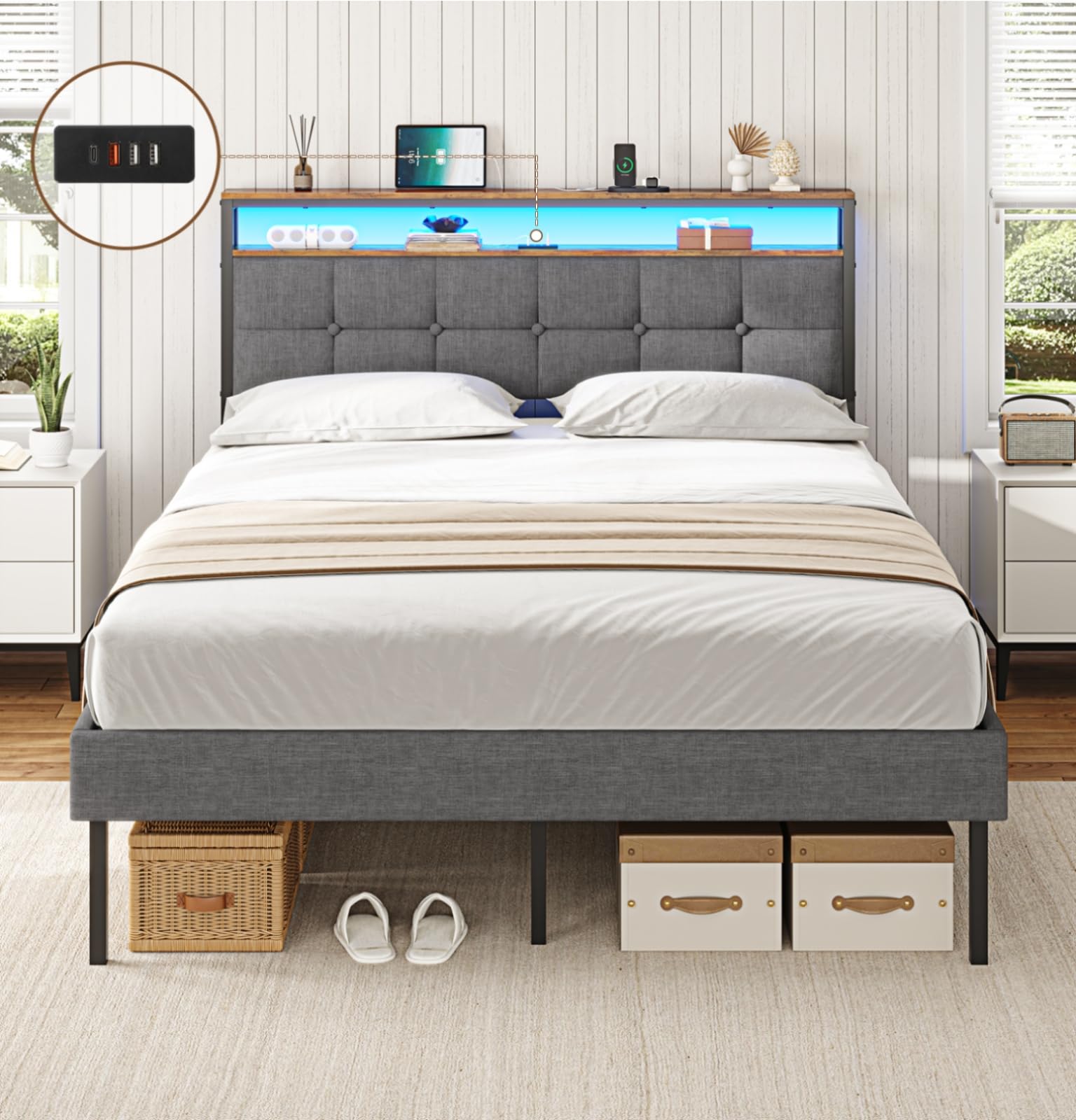 AOGLLATI Letto imbottito 140 x 200 cm con rete a doghe in metallo, struttura del letto con illuminazione a LED e prese Letto doppio con testiera in legno