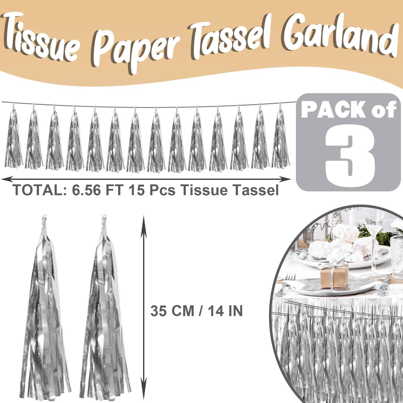 3P Silver Foil Fringe Metallic Tassel Streamers Banner Tassel Garland for Parade Floats, Bachelorette, Wedding, Birthday, Halloween, Christmas, Bridal/Baby Shower Party Decorations