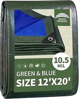 RAINDEWAY Tarps Heavy Duty Waterproof 12x20 Feet,10.5 Mil Waterproof Tarps for Outdoors,Multipurpose Poly Tarp Cover with Metal Grommets and Reinforced Edges,Green/Blue