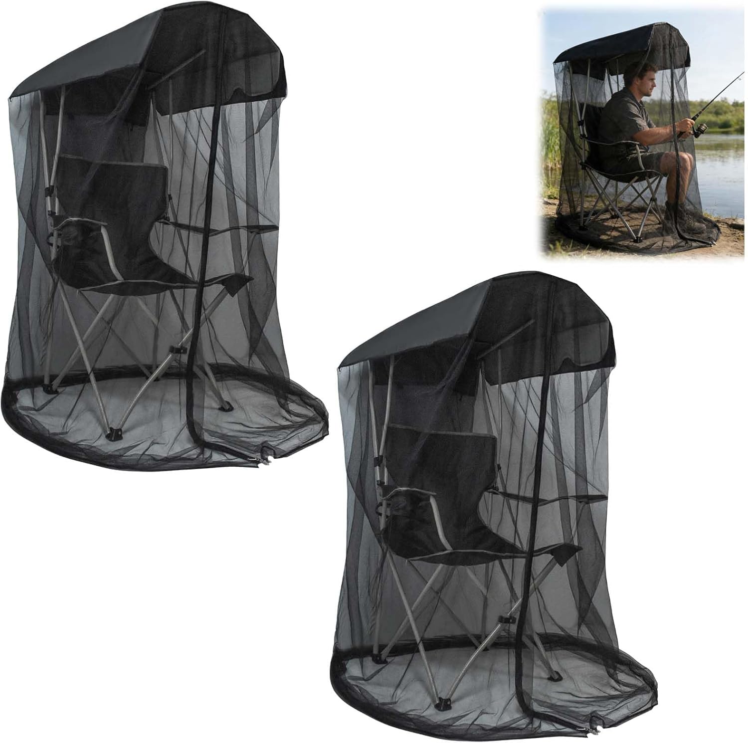 2PCS Mosquito Net Cover for Canopy Chair, 63"H Bug Barrier Mosquitos Mesh Tent Black Chair Mosquito Netting with Zipper 35"X32" Waterproof Roof for Fishing Camping Chairs Outdoors, Chair Not Included