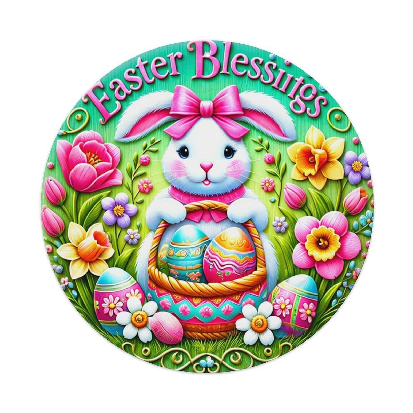 Easter Bunny With Colorful Eggs Tin Sign Metal Poster Vintage Metal Signs for Home Man Cave Bar Cafe Kitchen laundry room Wall Decorations 8x8 inches