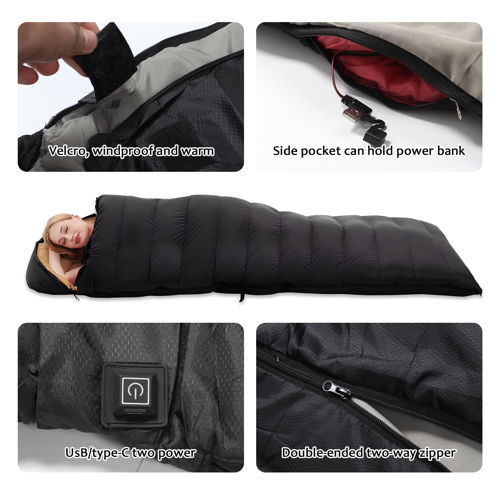 Saco de dormir con calefacción, almohadilla térmica eléctrica con 3 niveles de calefacción ajustables, almohadillas de calefacción alimentadas por USB, capucha ajustable, saco de dormir de camping de