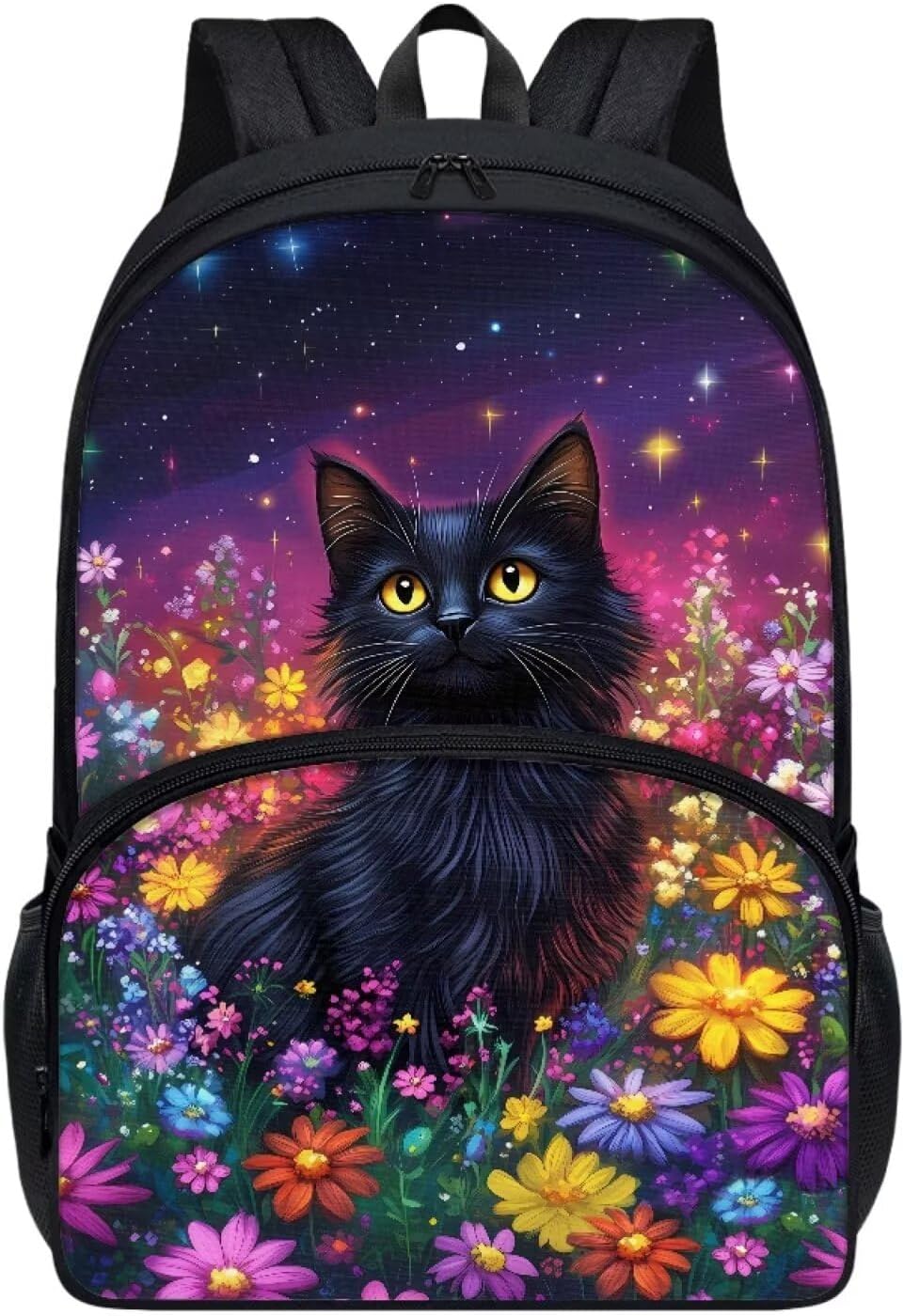chaqlin Black Cat Flower Prints Backpack for Girls Lightweight Bookbag Primary School Daypack Elementary Students Knapsack