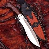 Novahaven Handmade Hunting Knife, 12 cm Damascus Steel Blade, Rosewood Handle, 25 cm Overall Length, Leather Sheath (Bowie-3)