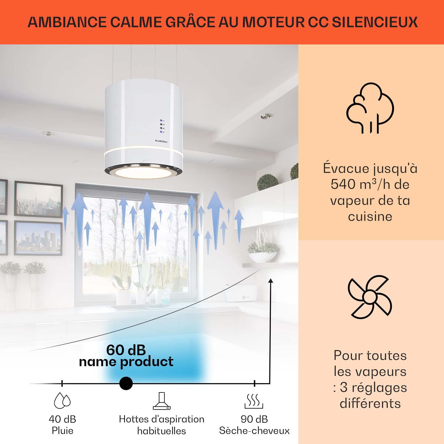 Klarstein Hotte Aspirante Ilot Central de Cuisine Silencieuse et Design, Débit d'air 521m³/h, Minuteur, 3 Modes, Contrôle via Application Mobile, Hotte Aspirante Suspendue Sans Evacuation et Charbon