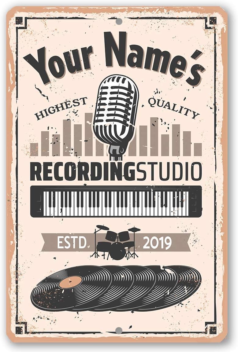 Personalized Recording Studio - Classic Music Studio Decor, Podcast Sign and Music Room Accessories, Gifts for Artists and Producers, 8x12 or 12x8 Use Indoor or Outdoor Metal Tin Sign