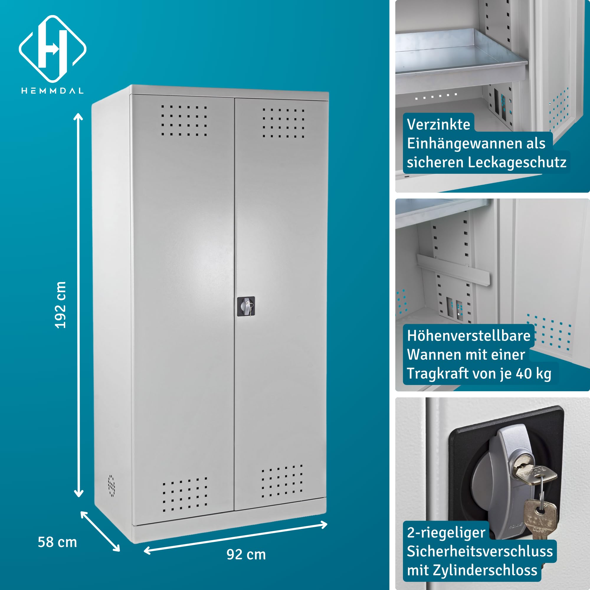 HEMMDAL Gefahrstoffschrank aus Stahlblech mit 4 Auffangwannen | HxBxT 192 x 92 x 58 cm | 40 kg Boden Tragkraft | Chemikalien- und Pflanzenschutzmittelschrank mit Sicherheitsverschluss | Made in EU