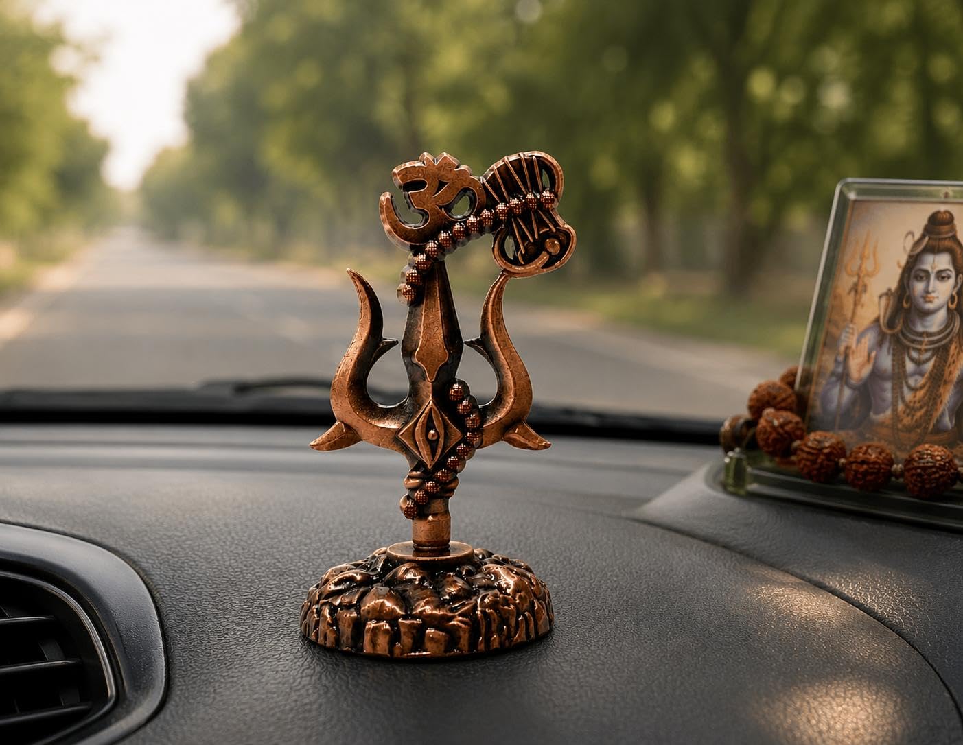 Handmade Trishul with Damru Idol, Antique Copper Shiva Showpiece for Car