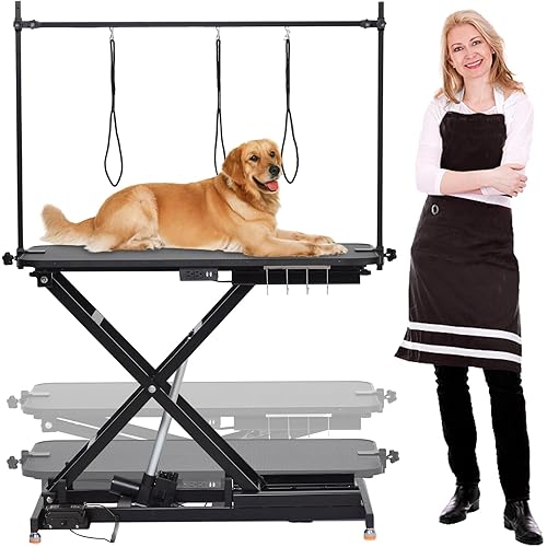 47” Electric Lift Dog Grooming Table (Black), Heavy Duty Electric Grooming Arm Table for Pets & Large Dogs Adjustable Height: 9.4 in-39.4 in Non-slip Desktop with Gantry Crane Set
