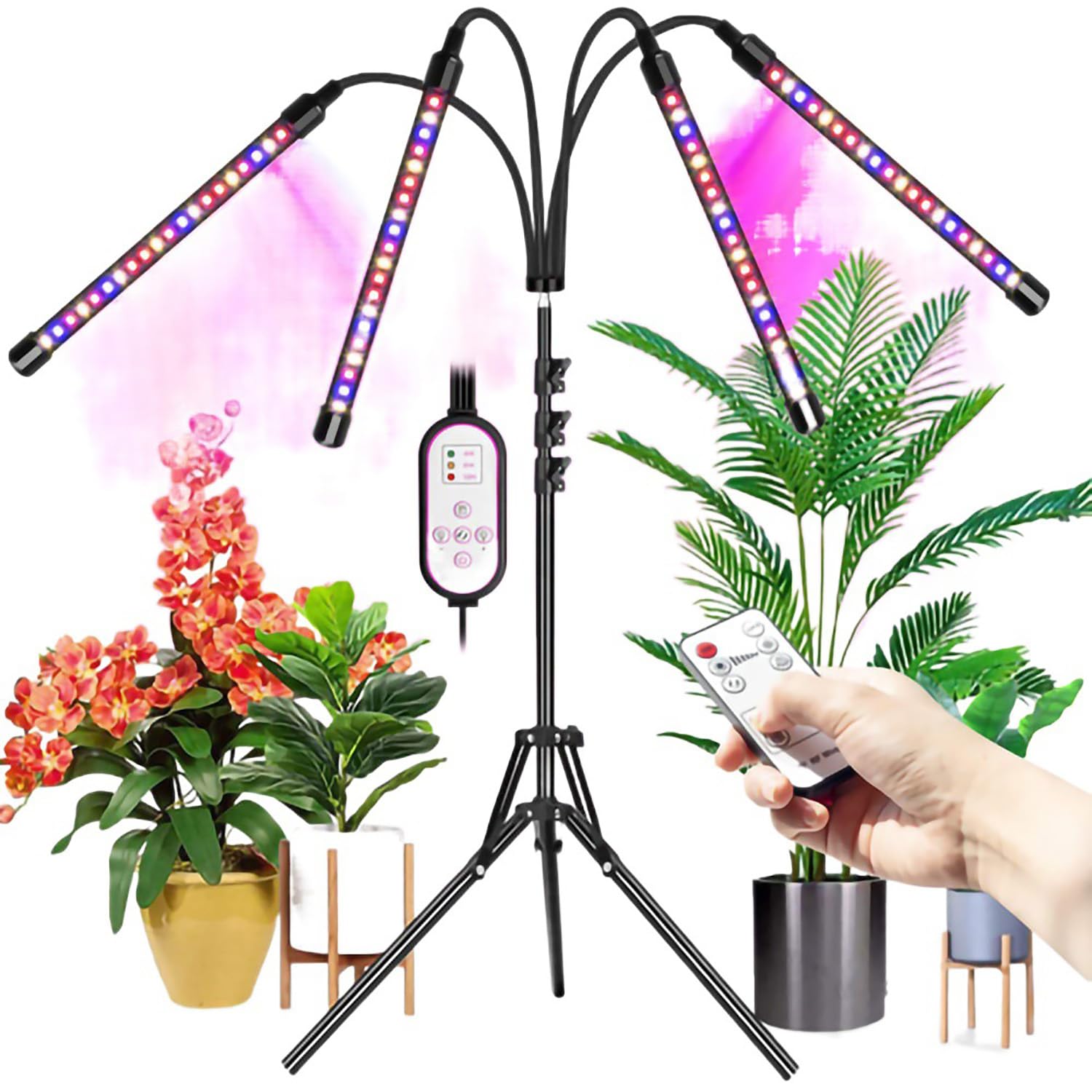 Lampes de croissance LED pour plantes d'intérieur, lampe de croissance à DEL avec support, spectre complet LED, 10 niveaux à intensité variable, 3 modes de synchronisation, trépied réglable de 160 cm.