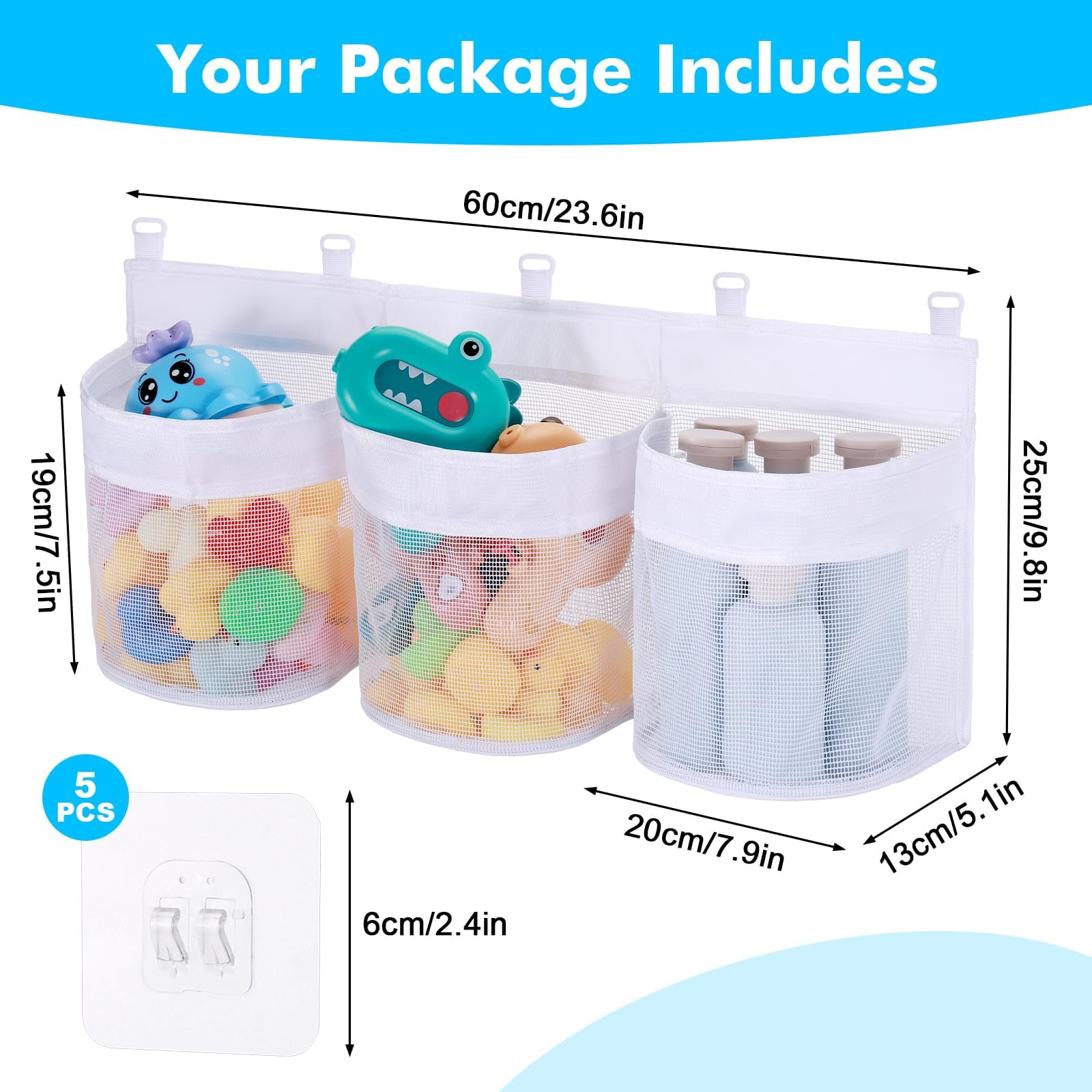 Filet De Rangement Pour Jouets De Bain Avec 4 Crochets - Double Compartiment, Drainage Rapide, Facile à Suspendre
