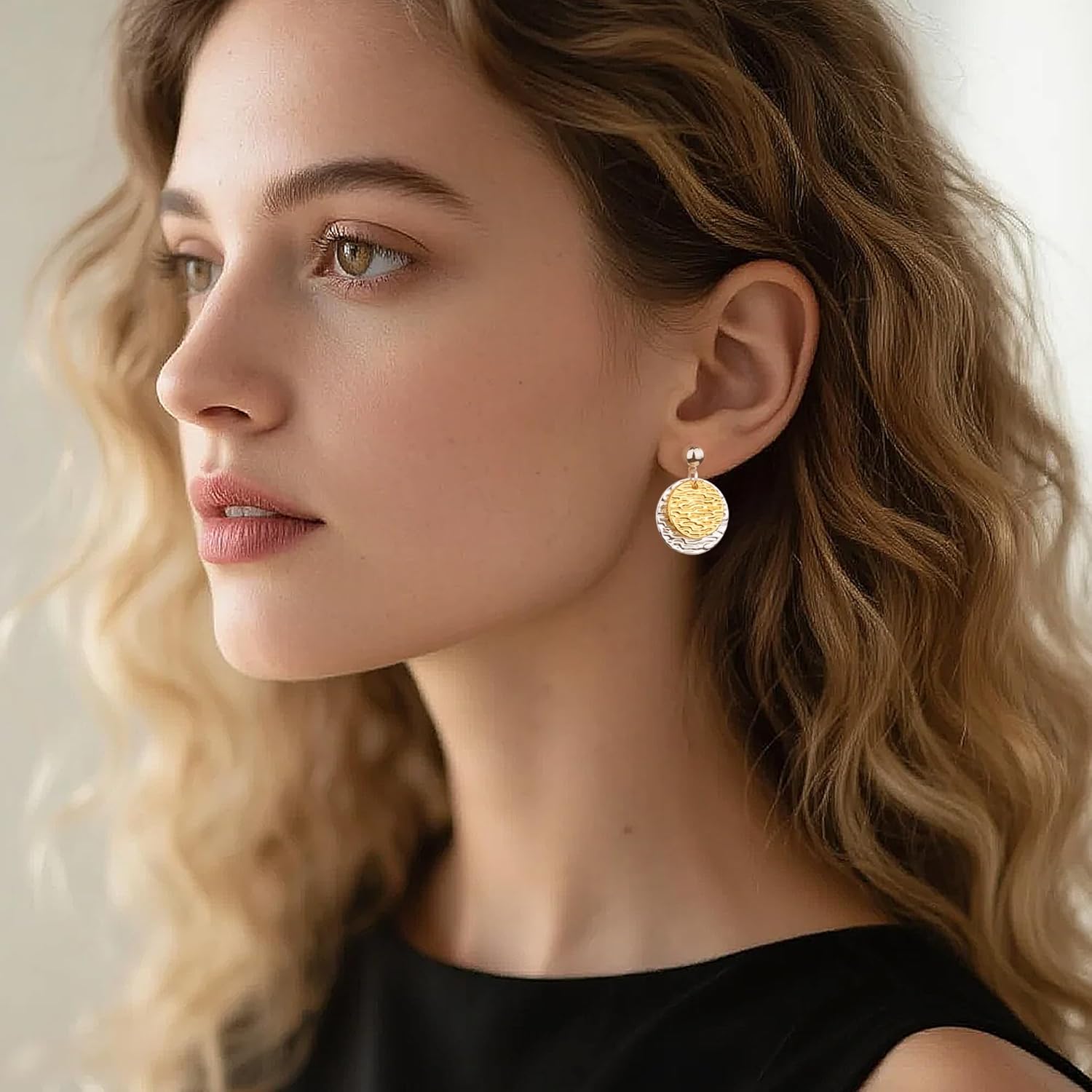 BOUTIQUELOVIN Two Tone Earrings Sterling Silver Disc Dangle Earrings for Women Gold and Silver Circle Dangle Earring Hypoallergenic Hammered Two-Tone Classic Coin Drop Earring Jewelry Gifts - Image 3