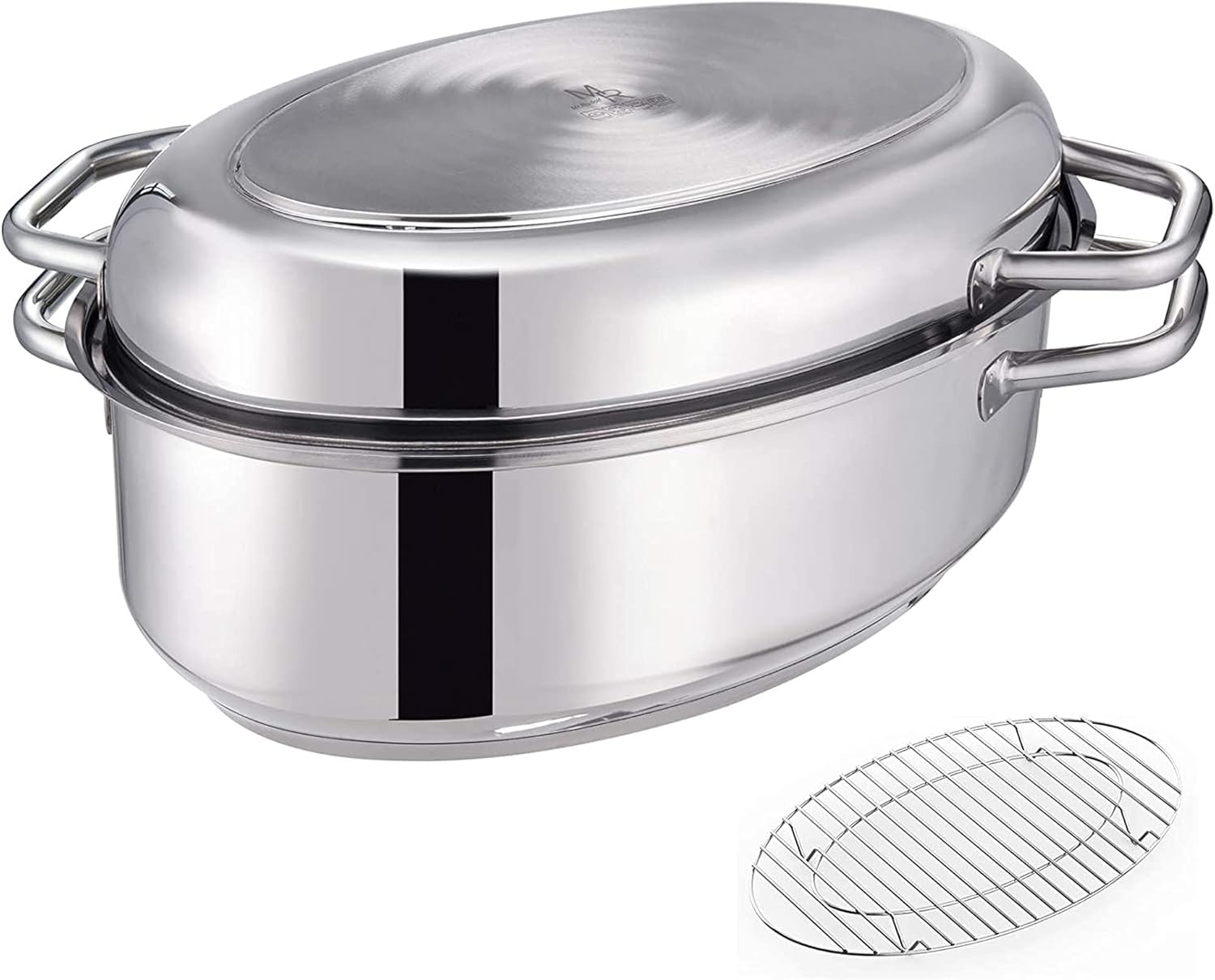 Exclusive Special Mr. Right Turkey Roasting Pan, 15 Inch Roasting Pan with Rack, 18/10 Stainless Steel Multi-Use Oval Roaster with Lid, Induction Compatible Dishwasher Safe Oven Safe, 8.5 Quart + 4.2 Qt