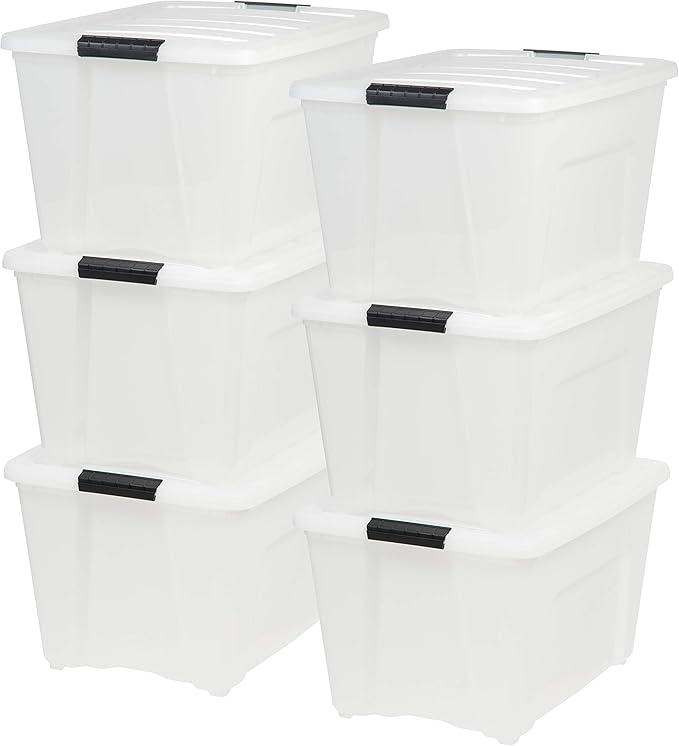IRIS USA 6 Pack 53qt Plastic Storage Bin with Lid and Secure Latching Buckles, Pearl