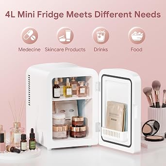 Xbeauty Skincare Mini Fridge With Dimmable LED Mirror, 4L Mini Makeup Refrigerator for SkinCare, Cosmetics, Food & Drinks, Portable Small Refrigerator for Bedroom, Dorm, Car, Office, White