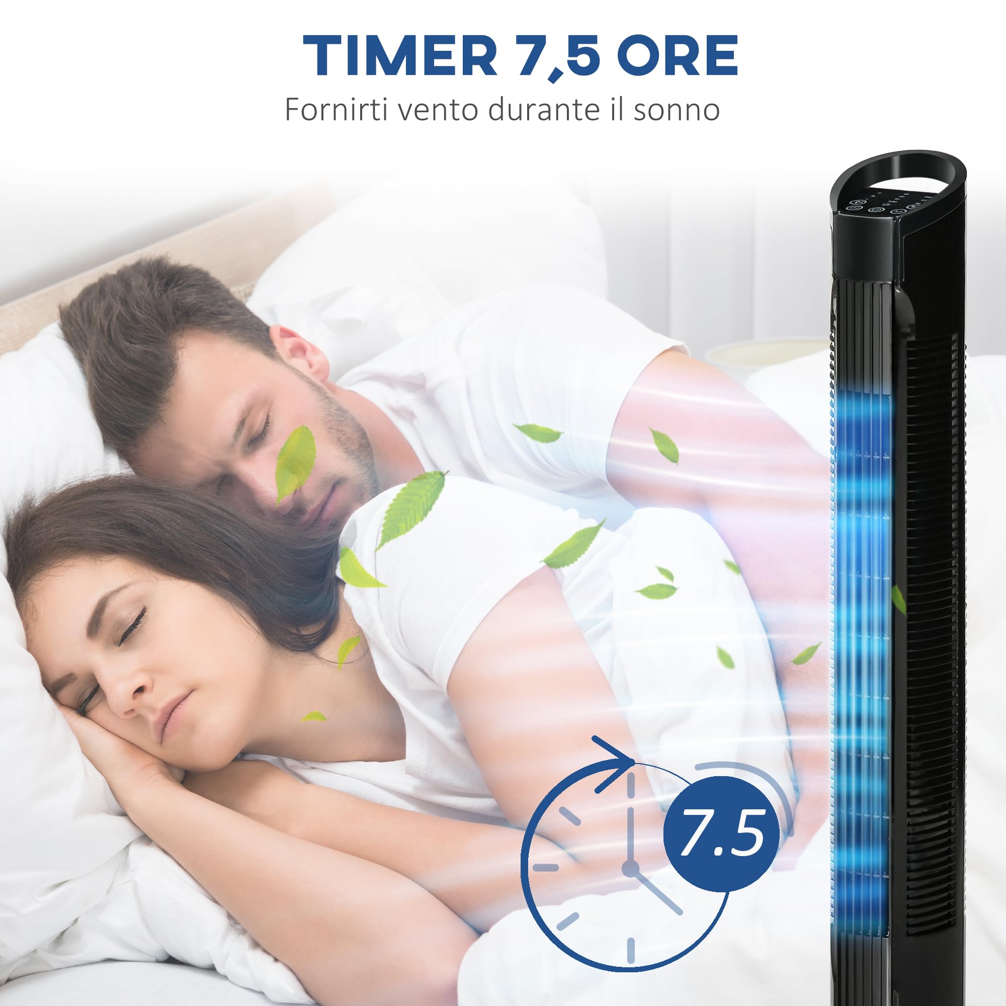 HOMCOM Ventilatore a Torre con Telecomando a 5m, Ventilatore a Colonna, Oscillante 70°, 3 Modalità e 3 Velocità, Schermo LED e Timer 7.5h, 50W, Ø20 x 78.5 cm, Nero