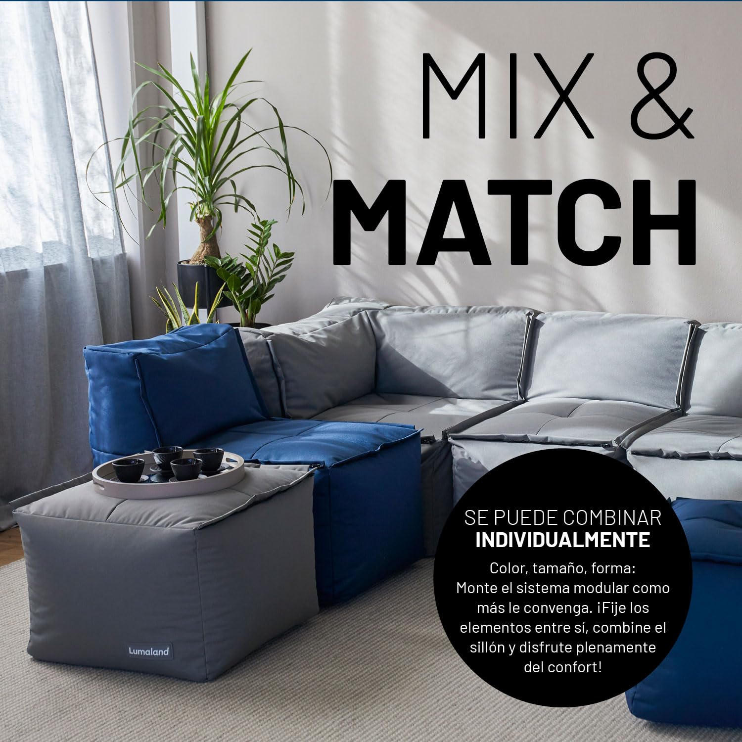 Lumaland Beanbag Lounge Modular | Puf Impermeable | Taburete Ligero y Expandible Individualmente | Juego de Salón para Interior y Exterior | Asiento Lavable para Jardín | 54x54x54 cm [Gris]