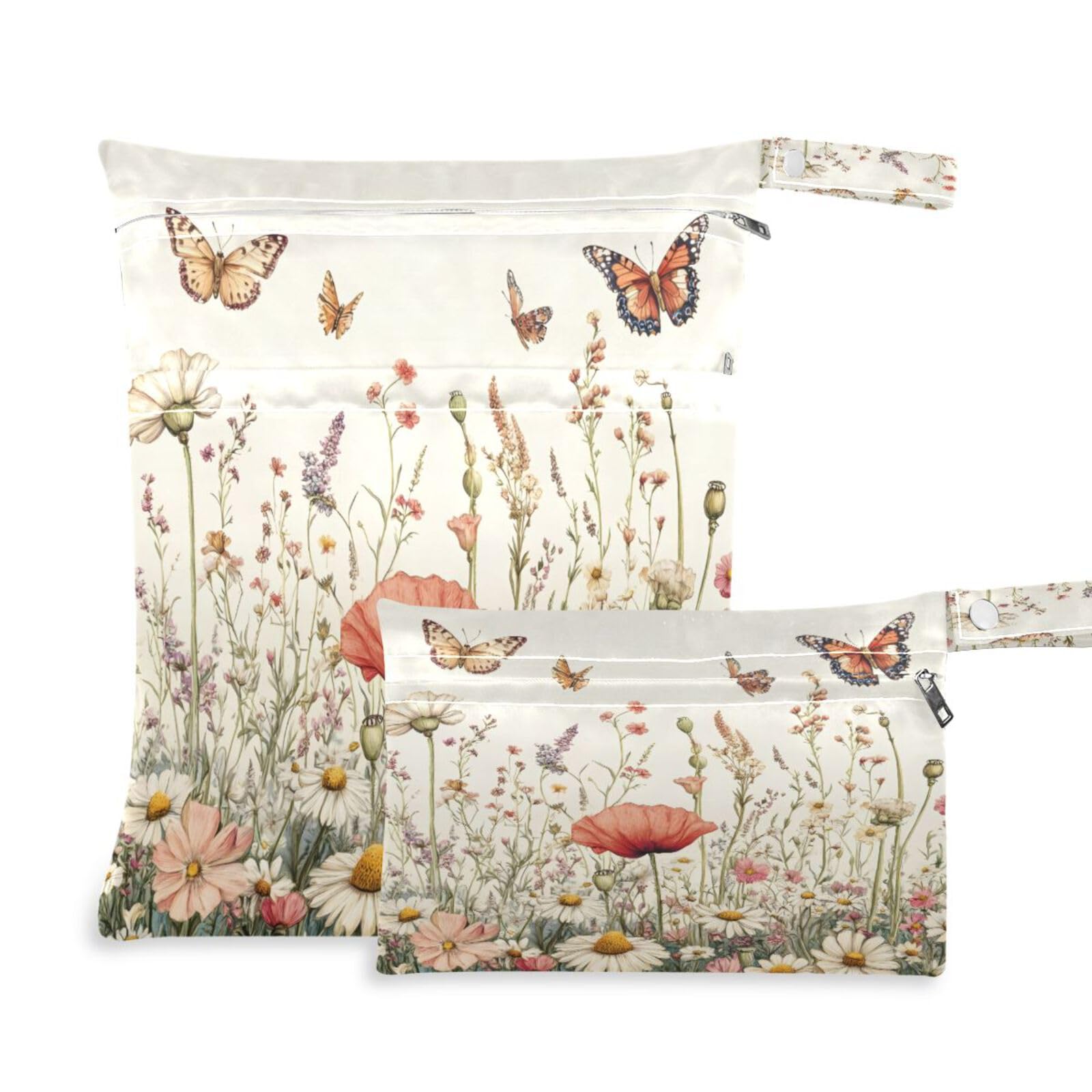ATTX Wildflowers and Butterflies Wet Dry Bags 2-Pack - Reusable Cloth Diaper Storage for Travel, Beach & Gym | Multi-Use Waterproof Bags for Swimsuits, Baby Clothes, Sports Gear#485