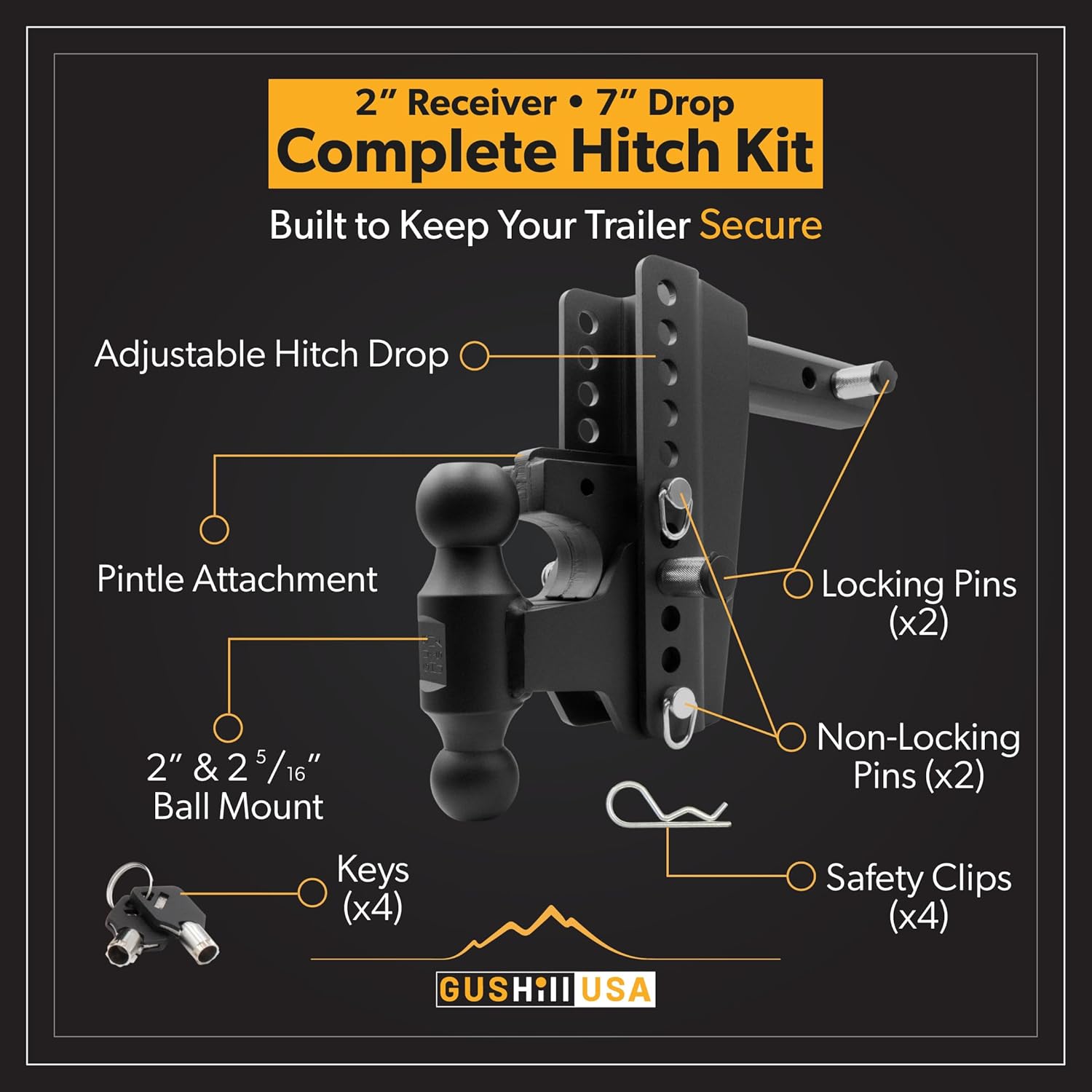 GusHillUSA GHC3335 Complete Adjustable Hitch Bundle for 2" Receiver with Dual Ball,Pintle Attachment & Locking Pins,16,000 lbs Tow Rating (7-Inch Drop)