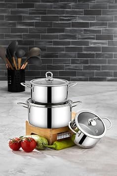3 Piece Steel Cookware Set   Different Sizes, Durable, Heat Resistant, Easy Cleaning