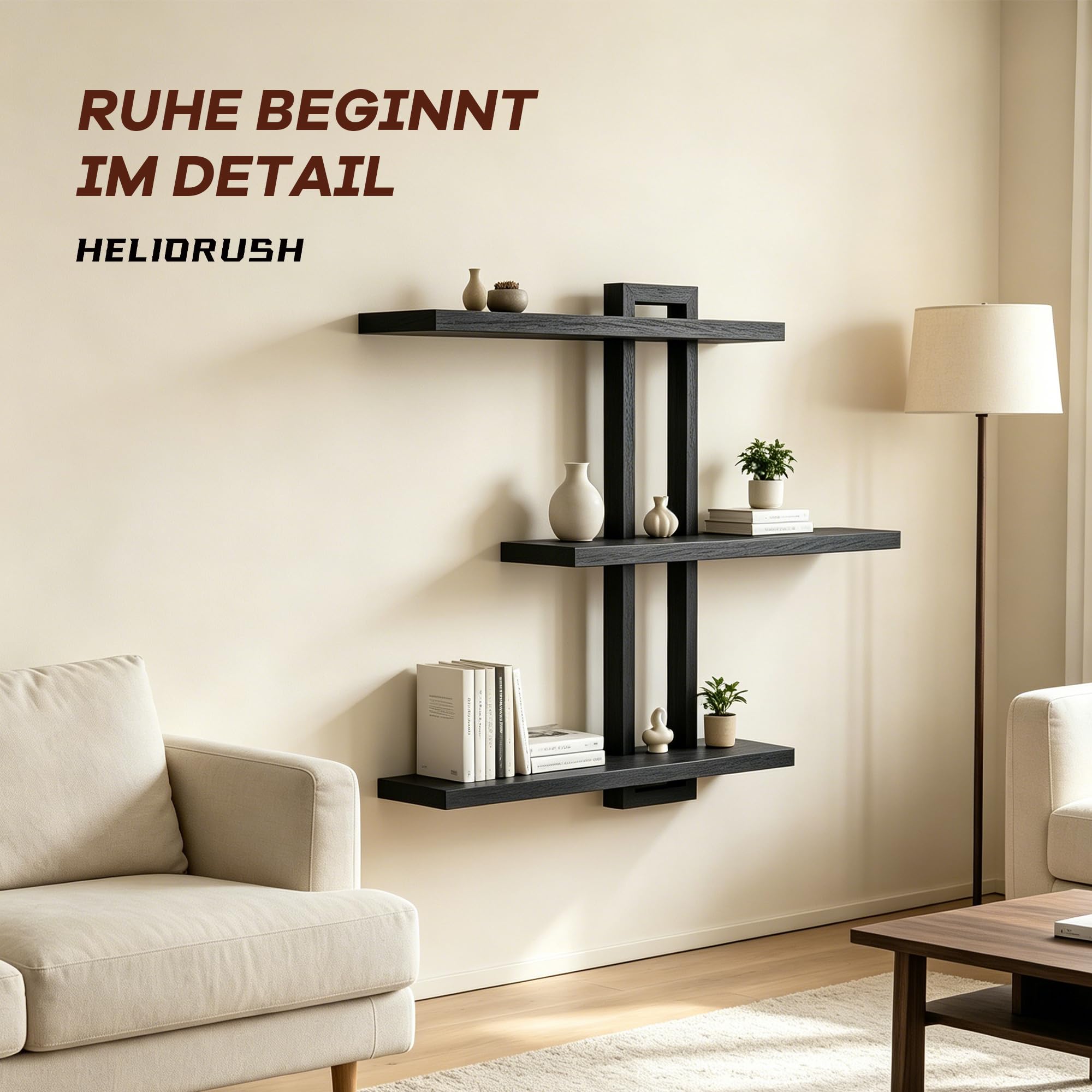 Wandregal Schwarz, großes Hängeregal aus Massivholz mit 3 Ablagen, 50 × 58 cm | Modernes Schweberegal zur Wandmontage für Wohnzimmer, Schlafzimmer, Bücher, Pflanzen und Deko