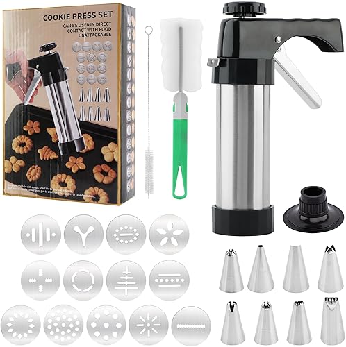 Miniatura 2 de Prensa de galletas de acero inoxidable, kit de pistola de prensa de galletas, fabricante de Spritz con 8 puntas de tubería y 13 discos para hacer