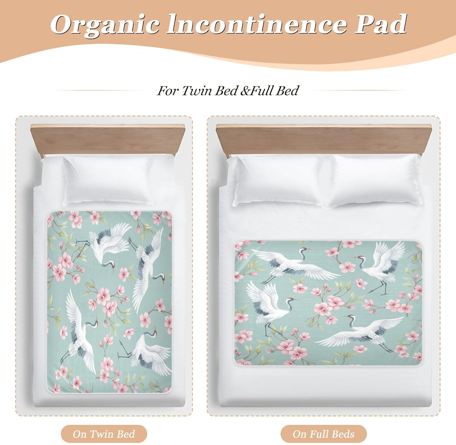 CEBUGI 34” x 52”Washable Underpads Heavy Absorbency Waterproof Incontinence Bed Pads White Cranes Pee Pads for Adults Kids and Baby