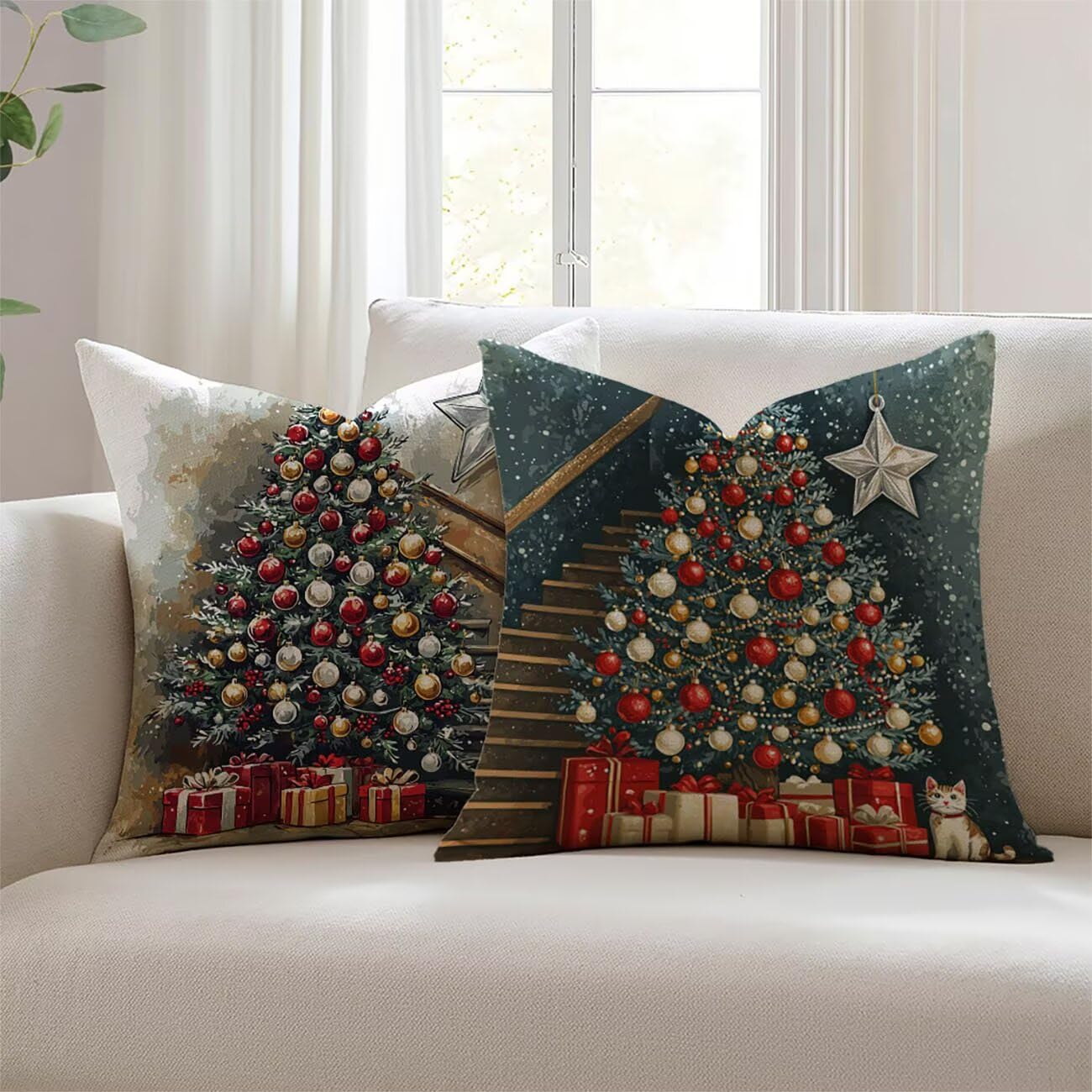 Housses de coussin pour coussin canapé lin déperlant et imperméable Noël 22x22inch